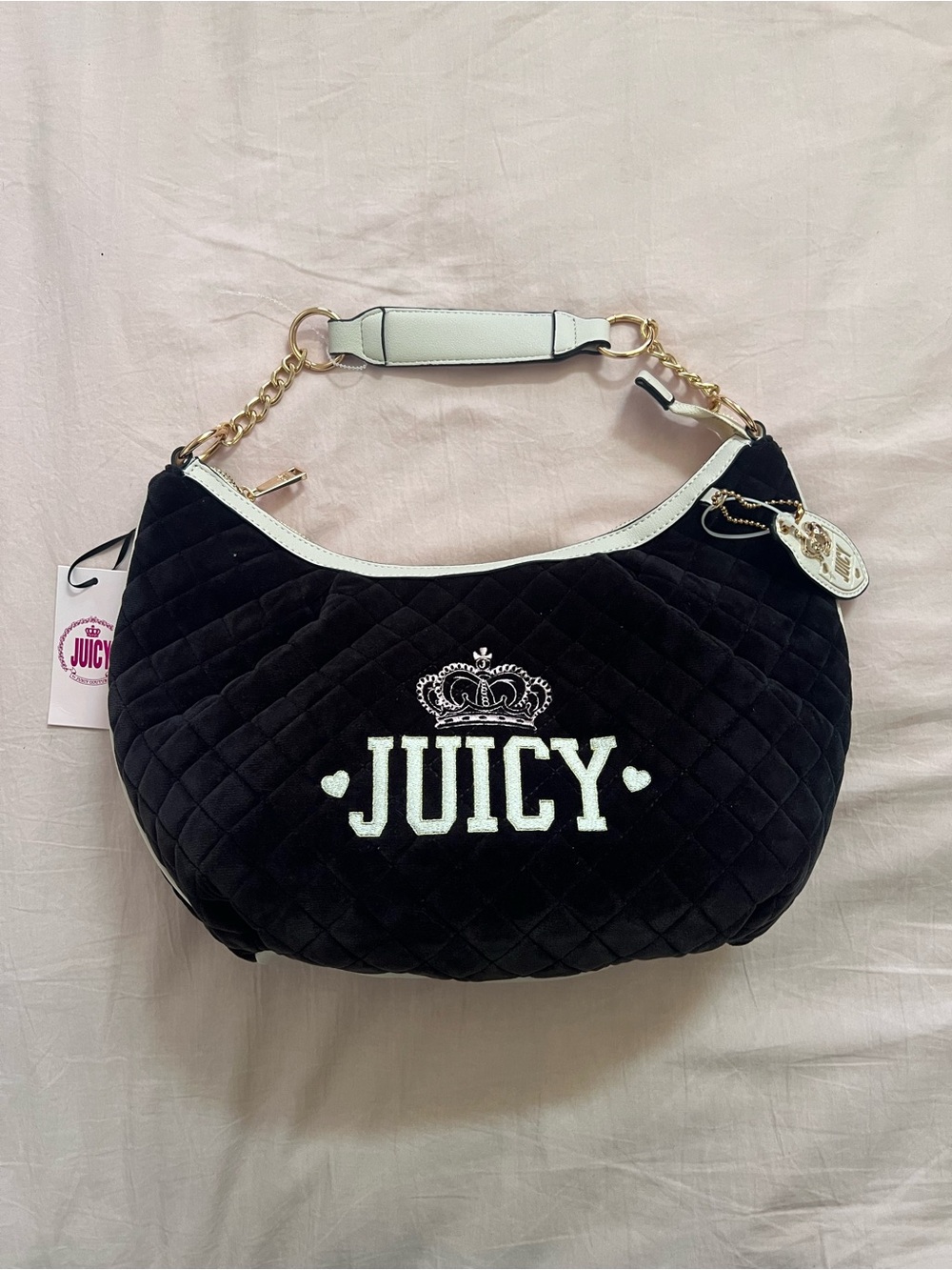 Juicy Couture Black Quilted Shoulder Bag with White Trim and Gold Hardware